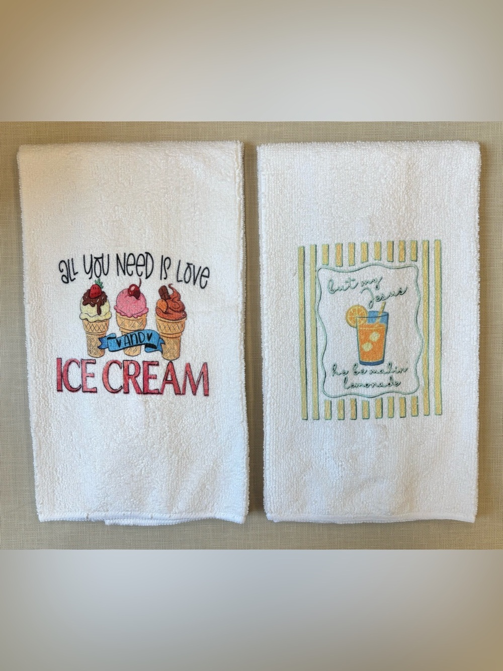 NEW Set of 2 White Embroidered Kitchen Towels - Ice Cream & Lemonade Designs